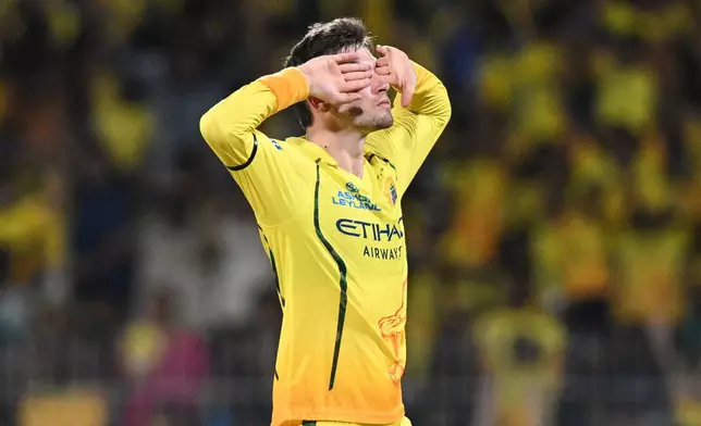 Chennai Super Kings' Noor Ahmed celebrates the wicket of Kolkata Knight Riders' captain Ajinkya Rahane during the Indian Premier League cricket match between Chennai Super Kings and Kolkata Knight Riders in Chennai, India, Tuesday, April 14, 2026. (AP Photo)