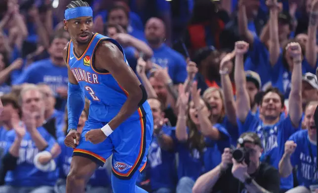 Oklahoma City Thunder guard Shai Gilgeous-Alexander runs back on defense after making a basket during the first half in Game 1 of a first-round NBA playoffs basketball series against the Phoenix Suns, Sunday, April 19, 2026, in Oklahoma City. (AP Photo/Nate Billings)