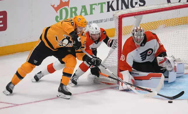 Pittsburgh Penguins' Anthony Mantha (39) can't get off a shot with Philadelphia Flyers' Cam York (8) defending in front of goaltender Dan Vladar (80) during the first period of Game 1 in the first round of the NHL Stanley Cup playoffs in Pittsburgh, Saturday, April 18, 2026. (AP Photo/Gene J. Puskar)