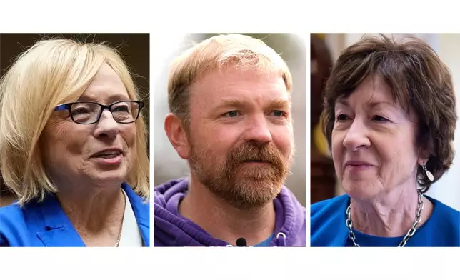 This combination of photos shows Democratic Gov. Janet Mills on Jan. 30, 2024, in Augusta, Maine, left, Democratic candidate for U.S. Senate Graham Platner on Nov. 3, 2025, in Sullivan, Maine, center, and Sen. Susan Collins, R-Maine, on March 26, 2026, in Washington, right. (AP Photo)