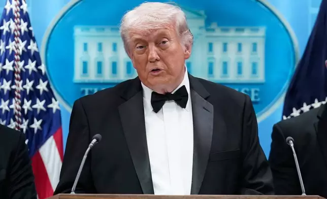 President Donald Trump speaks in the James Brady Press Briefing Room at the White House after an unspecified threat at the annual White House Correspondents' Association Dinner in Washington, Saturday, April 25, 2026. (AP Photo/Jose Luis Magana)