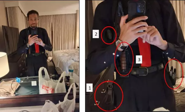 This image contained in a court filing by the Department of Justice, April 29, 2026, shows Cole Tomas Allen, left, inside his hotel room, on Saturday, April 25, 2026 in Washington, using his cellphone to take a photograph of himself in the mirror. An enhanced version of the image is right. (Department of Justice via AP)