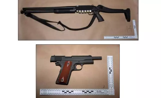 This image contained in a court filing by the Department of Justice, April 29, 2026, shows some of the weapons and shotgun ammunition that Cole Tomas Allen possessed, Saturday, April 25, 2026 in Washington. (Department of Justice via AP)