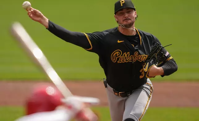 Pittsburgh Pirates pitcher Paul Skenes throws during the first inning of a baseball game against the Cincinnati Reds in Cincinnati, Wednesday, April 1, 2026. (AP Photo/Carolyn Kaster)