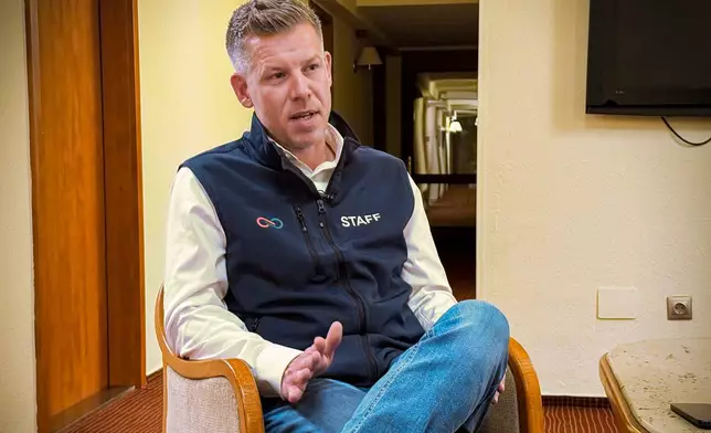 Hungarian opposition leader Peter Magyar speaks during an interview with the Associated Press, Thursday, April 2, 2026, in Kiskunhalas, Hungary. (AP Photo/Bela Szandelszky)