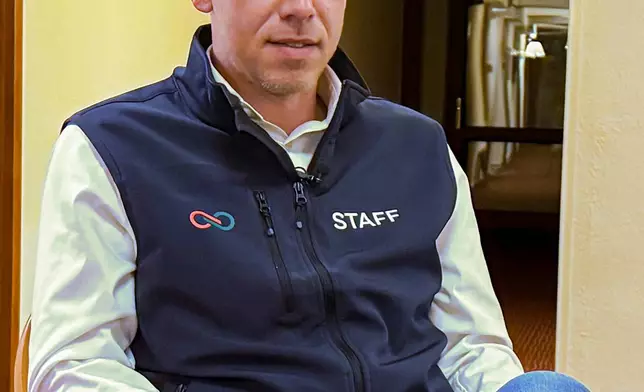 Hungarian opposition leader Peter Magyar speaks during an interview with the Associated Press, Thursday, April 2, 2026, in Kiskunhalas, Hungary. (AP Photo/Bela Szandelszky)