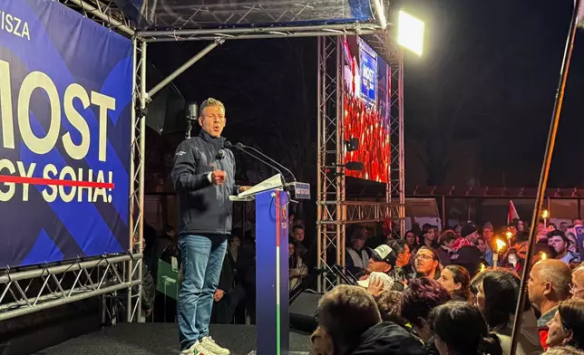 Hungarian opposition leader Peter Magyar addresses people during an election rally in Kiskunhalas, Hungary, Thursday, April 2, 2026. (AP Photo/Bela Szandelszky)
