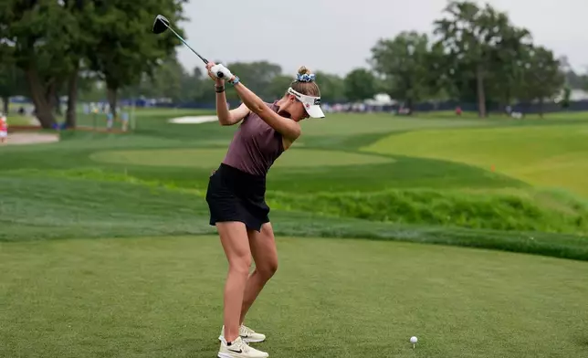 Nelly Korda hits her tee shot on the third hole during the final round of the Chevron Championship LPGA golf tournament Sunday, April 26, 2026, in Houston. (AP Photo/David J. Phillip)