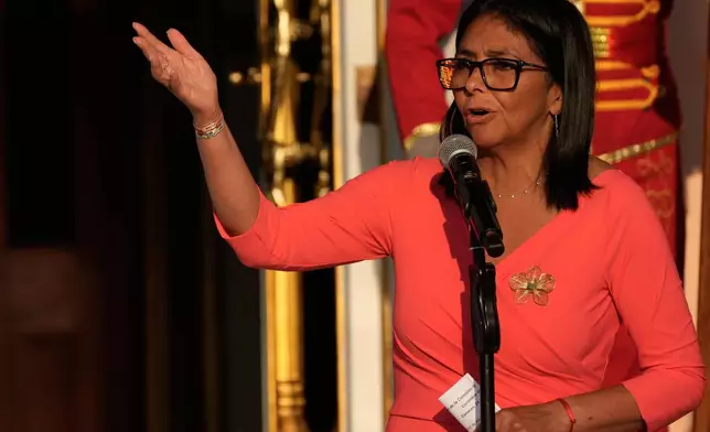 Venezuela's acting President Delcy Rodriguez speaks at Miraflores Palace during a meeting with Colombian President Gustavo Petro in Caracas, Venezuela, Friday, April 24, 2026. (AP Photo/Ariana Cubillos)