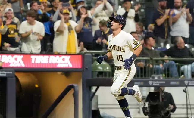 Milwaukee Brewers' Sal Frelick rounds the bases after hitting a solo home run during the second inning of a baseball game against the Arizona Diamondbacks, Tuesday, April 28, 2026, in Milwaukee. (AP Photo/Nam Y. Huh)