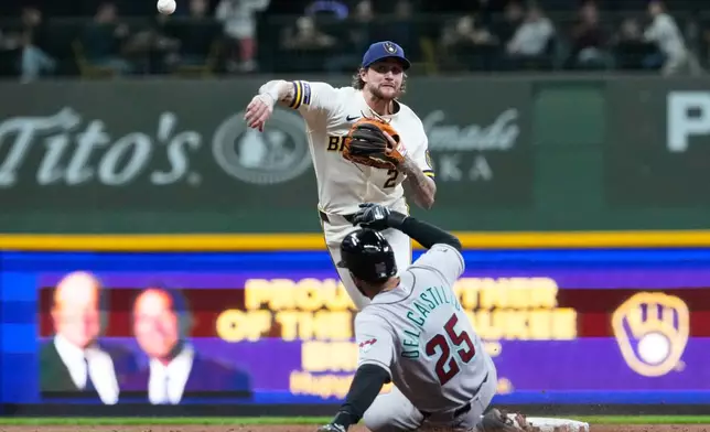 Milwaukee Brewers second baseman Brice Turang, top, throws out Arizona Diamondbacks' Nolan Arenado at first after forcing out Adrian del Castillo during the second inning of a baseball game Tuesday, April 28, 2026, in Milwaukee. (AP Photo/Nam Y. Huh)