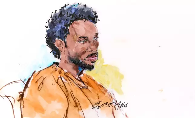 In this courtroom sketch, David Anthony Burke, whose stage name is D4vd, is seen in court Thursday, April 23, 2026, in Los Angeles on charges of killing a 14-year-old girl whose dismembered body was found in his car. (Bill Robles via AP)
