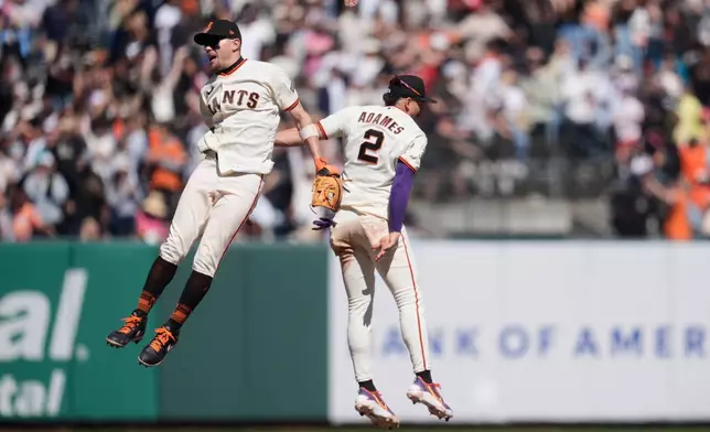 San Francisco Giants' Christian Koss, left, celebrates with Willy Adames after a baseball game against the Philadelphia Phillies in San Francisco, Wednesday, April 8, 2026. (AP Photo/Jeff Chiu)