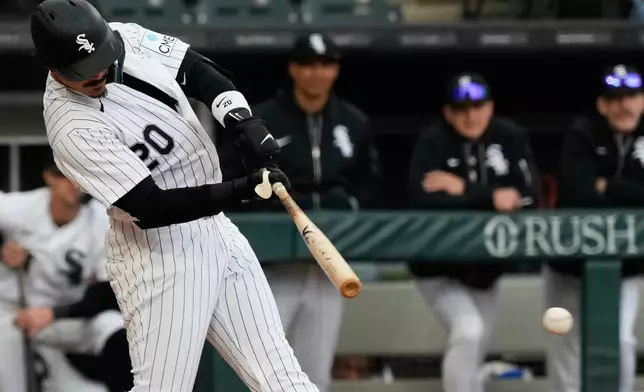Chicago White Sox's Miguel Vargas hits a one-run single during the third inning of a baseball game against the Los Angeles Angels in Chicago, Wednesday, April 29, 2026. (AP Photo/Nam Y. Huh)