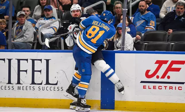 St. Louis Blues' Dylan Holloway (81) checks Winnipeg Jets' Dylan Samberg, center left, during the third period of an NHL hockey game Thursday, April 9, 2026, in St. Louis. (AP Photo/Connor Hamilton)