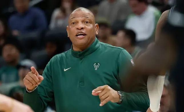 Milwaukee Bucks head coach Doc Rivers on the sidelines during the first half of an NBA basketball game against the Brooklyn Nets, Friday, April 10, 2026, in Milwaukee. (AP Photo/Jeffrey Phelps)