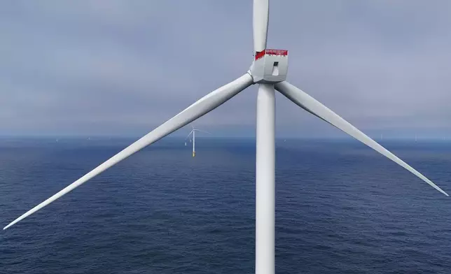 Turbines are visible at Sunrise Wind offshore wind farm that is under construction off the coast of Montauk Point, New York, Thursday, April 23, 2026. (AP Photo/Joshua A. Bickel)