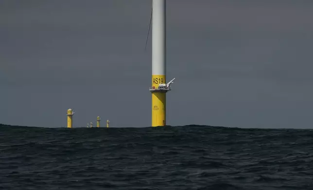 Turbine bases are visible at Sunrise Wind offshore wind farm that is under construction off the coast of Montauk Point, New York, Thursday, April 23, 2026. (AP Photo/Joshua A. Bickel)