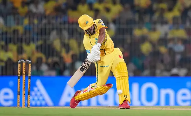 Chennai Super Kings' Ayush Mhatre plays a shot during the Indian Premier League cricket match between Chennai Super Kings and Punjab Kings in Chennai, India, Friday, April 3, 2026. (AP Photo/Aijaz Rahi)