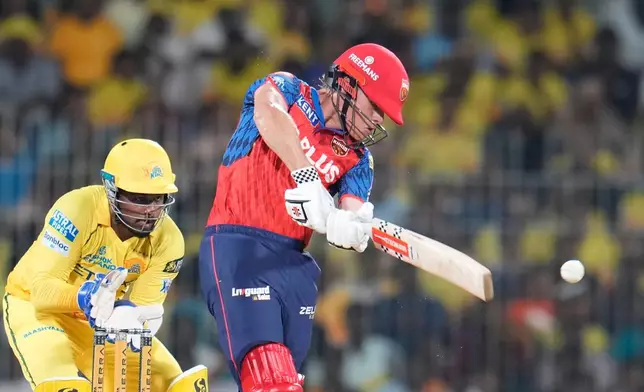 Punjab Kings' Cooper Connolly plays a shot during the Indian Premier League cricket match between Chennai Super Kings and Punjab Kings in Chennai, India, Friday, April 3, 2026. (AP Photo/Aijaz Rahi)
