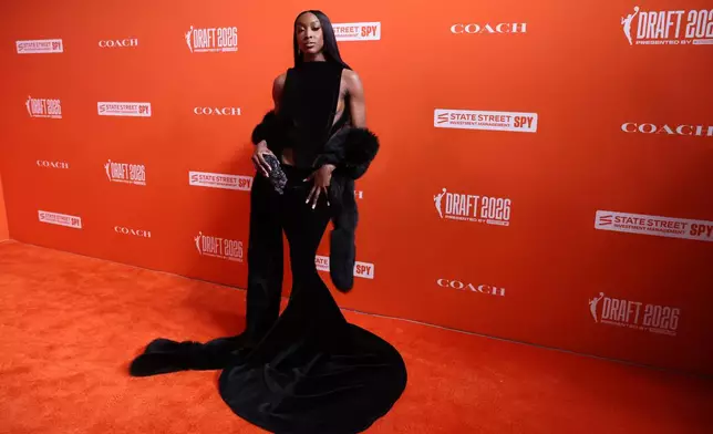 LSU guard Flau'jae Johnson poses before the WNBA basketball draft Monday, April 13, 2026, in New York. (AP Photo/Pamela Smith)