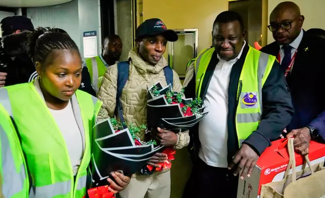 Sabastian Sawe is welcomed after arriving on a flight from London, Wednesday, April 29, 2026, at Jomo Kenyatta International Airport in Nairobi, Kenya, after setting a new world record in the marathon. (AP Photo/Brian Inganga) CORRECTION: Corrects spelling of first name to Sabastian, not Sebastian