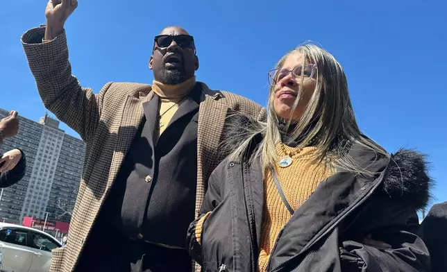 Gretchen Soto, mother of Eric Duprey, and Black Lives Matter advocate Hawk Newsome are seen outside court following the sentencing of former New York City police sergeant Erik Duran at the Bronx County Hall of Justice Thursday, April 9, 2026, New York. (AP Photo/Michael R. Sisak)