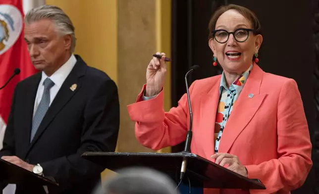 FILE - Former Vice President Rebeca Grynspan gives a news conference in San Jose, Costa Rica, Oct. 8, 2025. (AP Photo/Jose Diaz, File)