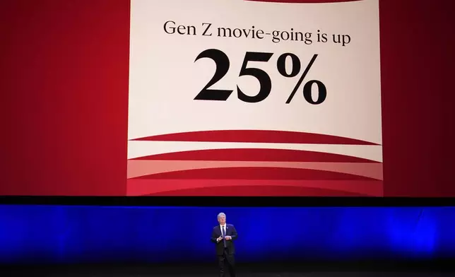 Michael O'Leary, president/CEO of Cinema United, speaks during the state of the industry and Neon presentation at CinemaCon on Tuesday, April 14, 2026, at Caesars Palace in Las Vegas. (AP Photo/Chris Pizzello)