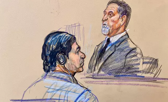 This courtroom sketch depicts government witness Bruce Hoffman testifying as defendant Mohammad Sharifullah, seated left, listens during the opening day of the trial for Sharifullah in federal court in Alexandria, Va., Monday, April 20, 2026. (Dana Verkouteren via AP)