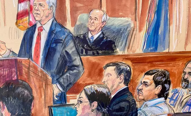 This courtroom sketch depicts Justice Department prosecutor John Gibbs speaking as defense attorneys Lauren Rosen, Geremy Kamens, from center middle seated, defendant Mohammad Sharifullah, and an interpreter, listen along with Judge Anthony John Trenga during the opening day of the trial for Sharifullah in federal court in Alexandria, Va., Monday, April 20, 2026. (Dana Verkouteren via AP)