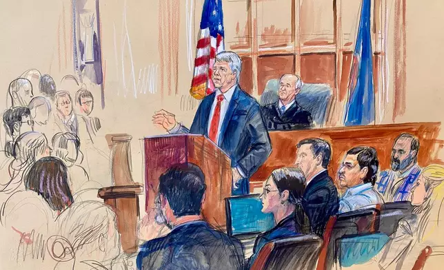 This courtroom sketch depicts Justice Department prosecutor John Gibbs speaking as defense attorneys Lauren Rosen, Geremy Kamens, from center middle seated, defendant Mohammad Sharifullah, and an interpreter, listen along with Judge Anthony John Trenga during the opening day of the trial for Sharifullah in federal court in Alexandria, Va., Monday, April 20, 2026. (Dana Verkouteren via AP)