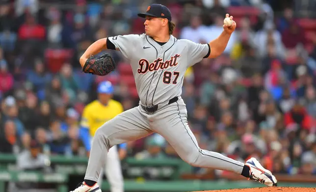 Detroit Tigers' Tyler Holton delivers a pitch to a Boston Red Sox batter in the seventh inning of a baseball game, Saturday, April 18, 2026, in Boston. (AP Photo/Steven Senne)