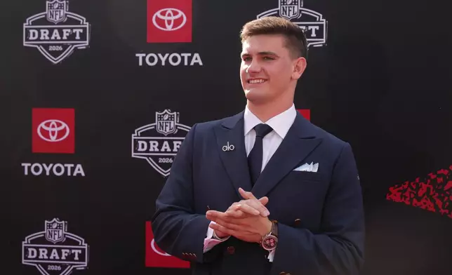 Alabama quarterback Ty Simpson poses on the red carpet before the first round of the NFL football draft, Thursday, April 23, 2026, in Pittsburgh. (AP Photo/Gene J. Puskar)