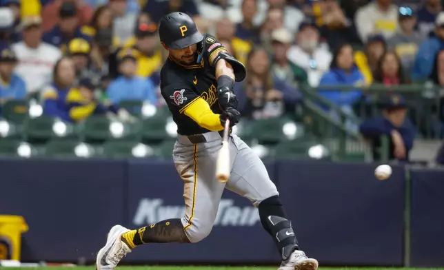 Pittsburgh Pirates' Nick Gonzales hits a two-RBI single during the 10th inning of a baseball game against the Milwaukee Brewers, Saturday, April 25, 2026, in Milwaukee. (AP Photo/Jeffrey Phelps)