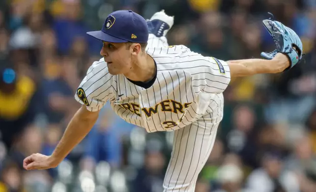 Milwaukee Brewers pitcher Jacob Misiorowski throws to the Pittsburgh Pirates during the first inning of a baseball game Saturday, April 25, 2026, in Milwaukee. (AP Photo/Jeffrey Phelps)