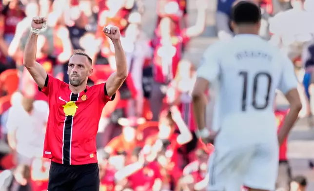 Mallorca's Vedat Muriqi celebrates after a goal during a La Liga soccer match between Mallorca and Real Madrid in Palma de Mallorca, Spain, Saturday, April 4, 2026. (AP Photo/Jose Breton)