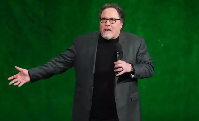 Jon Favreau, director of the upcoming film "Star Wars: The Mandalorian and Grogu," speaks during the Walt Disney Studios presentation at CinemaCon on Thursday, April 16, 2026, at Caesars Palace in Las Vegas. (AP Photo/Chris Pizzello)