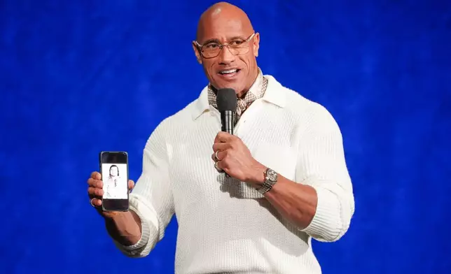 Dwayne Johnson, cast member of the upcoming film "Moana," speaks during the Walt Disney Studios presentation at CinemaCon on Thursday, April 16, 2026, at Caesars Palace in Las Vegas. (AP Photo/Chris Pizzello)