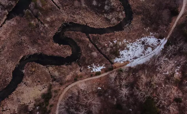 A stream runs through Tidmarsh Wildlife Sanctuary in Plymouth, Mass., Sunday, March 15, 2026. (Julia Vaz/MIT Graduate Program in Science Writing via AP)