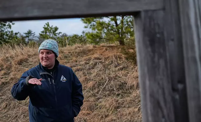 Kim Snyder, an education coordinator at Mass Audubon, a conservation organization, speaks during an interview with The Associated Press, Thursday, March 19, 2026, at Tidmarsh Wildlife Sanctuary in Plymouth, Mass. (Julia Vaz/MIT Graduate Program in Science Writing via AP)