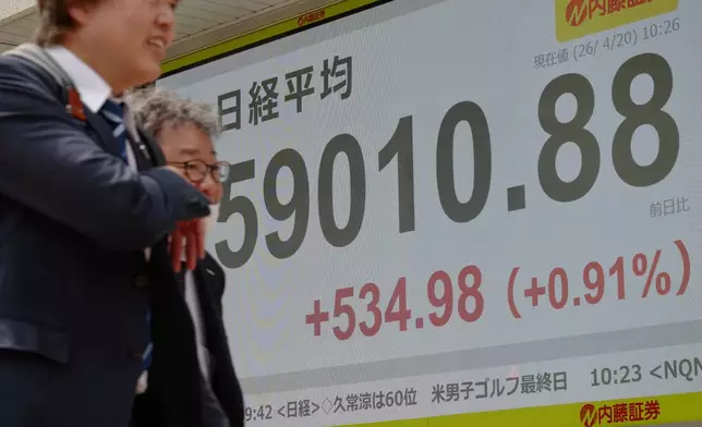 People walk in front of an electronic stock board showing Japan's Nikkei index at a securities firm Monday, April 20, 2026, in Tokyo. (AP Photo/Eugene Hoshiko)