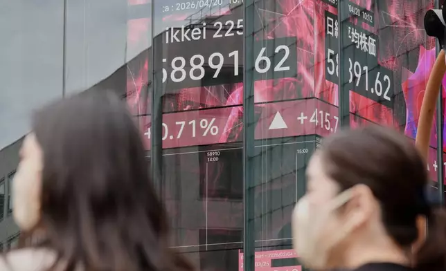 People stand in front of an electronic stock board showing Japan's Nikkei index at a securities firm Monday, April 20, 2026, in Tokyo. (AP Photo/Eugene Hoshiko)