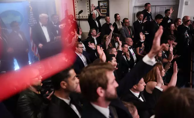 President Donald Trump answers reporter questions in the James Brady Press Briefing Room at the White House after an unspecified threat at the annual White House Correspondents' Association Dinner in Washington, Saturday, April 25, 2026. (AP Photo/Tom Brenner)