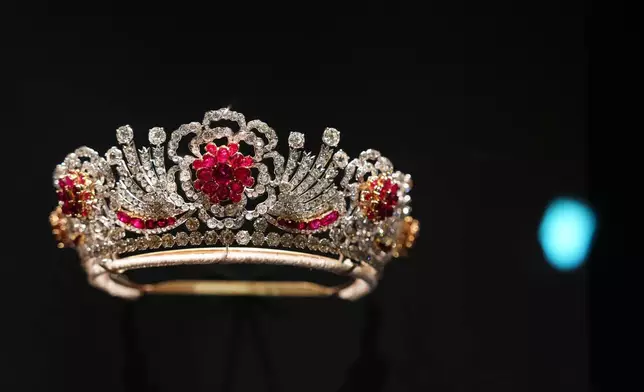 Queen Elizabeth II's Burmese Ruby Tiara on display at 'Queen Elizabeth II: Her Life in Style' exhibition, to mark the centenary of the late queen's birth, at The King's Gallery at Buckingham Palace in London, Thursday, April 9, 2026. (AP Photo/Kirsty Wigglesworth)