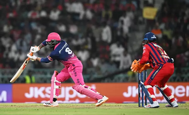 Rajasthan Royals' Ravindra Jadeja bats during the Indian Premier League cricket match between Lucknow Super Giants and Rajasthan Royals in Lucknow, India, Wednesday, April 22, 2026. (AP Photo)