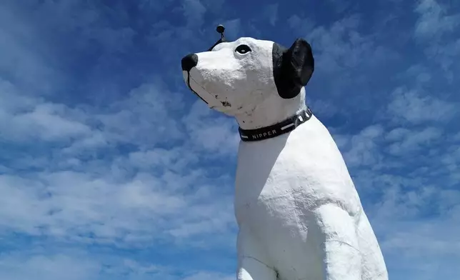 A giant statue of Nipper the dog sits atop a building in the warehouse district in Albany, N.Y., Tuesday, April 21, 2026. (AP Photo/Ted Shaffrey)