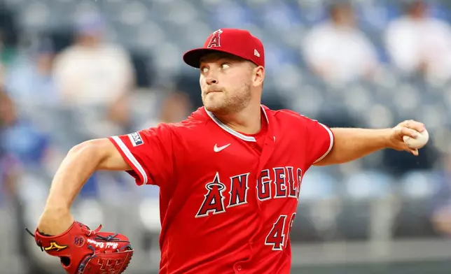 Los Angeles Angels pitcher Reid Detmers delivers to a Kansas City Royals batter during the first inning of a baseball game in Kansas City, Mo., Sunday, April 26, 2026. (AP Photo/Colin E. Braley)