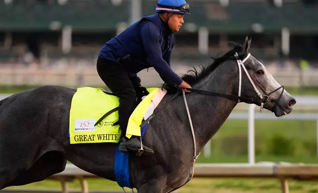 Kentucky Derby alternate Great White works out at Churchill Downs Monday, April 27, 2026, in Louisville, Ky. (AP Photo/Charlie Riedel)