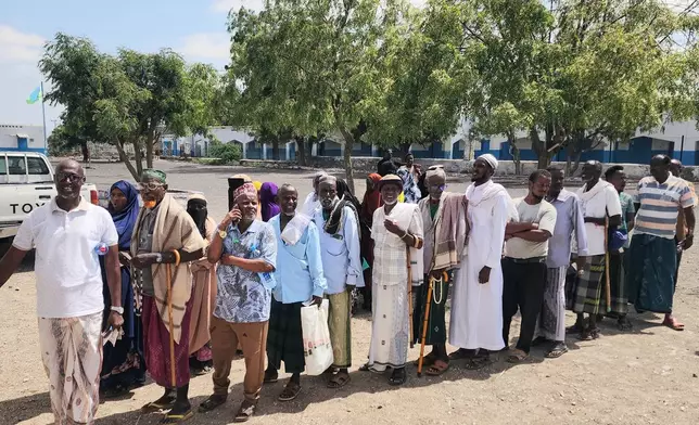 People line up to vote at a polling station during the 2026 Djibouti presidential election, in Mouloud, Djibouti, Friday, April 10, 2026. (AP Photo/Guirreh Moumin)